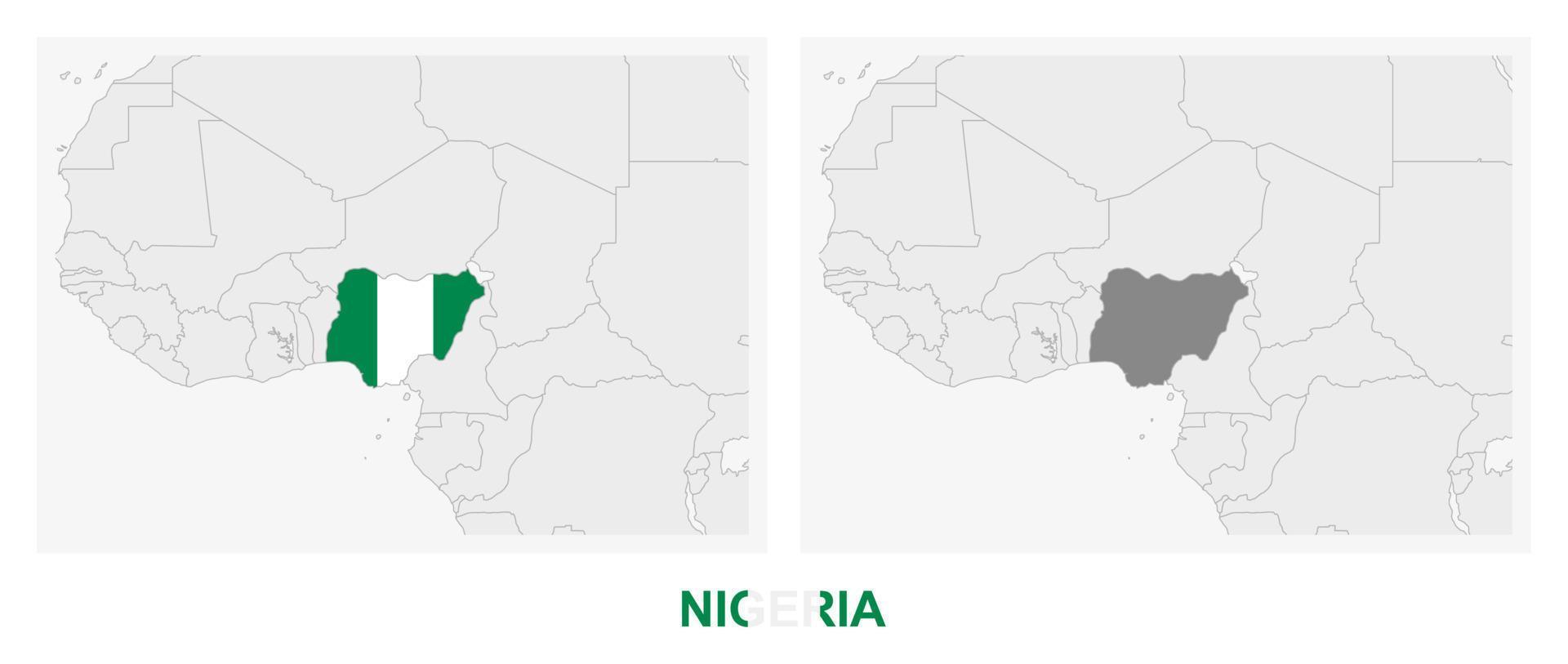 Two versions of the map of Nigeria, with the flag of Nigeria and highlighted in dark grey. vector