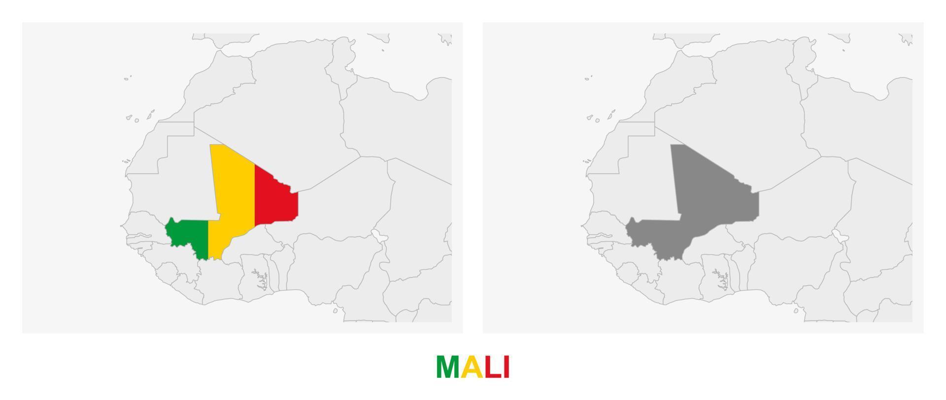 Two versions of the map of Mali, with the flag of Mali and highlighted in dark grey. vector