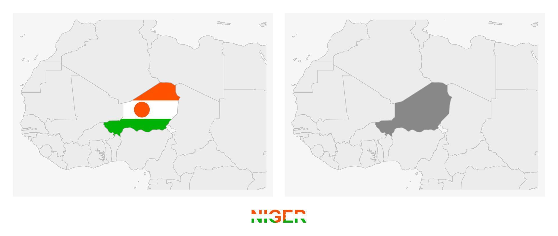 Two versions of the map of Niger, with the flag of Niger and highlighted in dark grey. vector