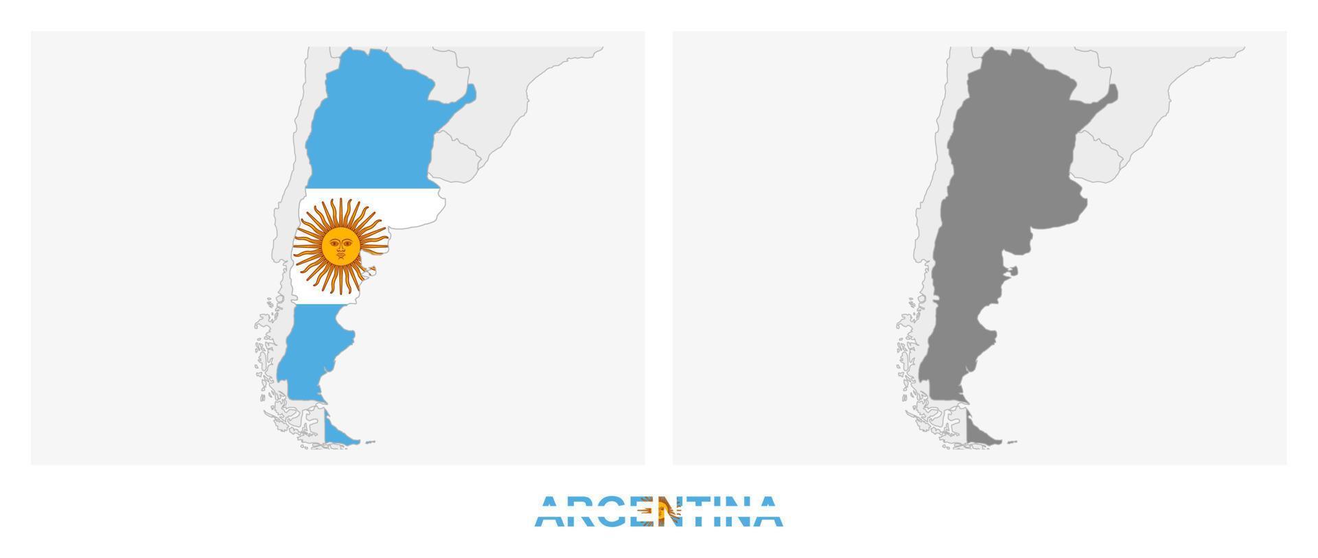 Two versions of the map of Argentina, with the flag of Argentina and highlighted in dark grey. vector
