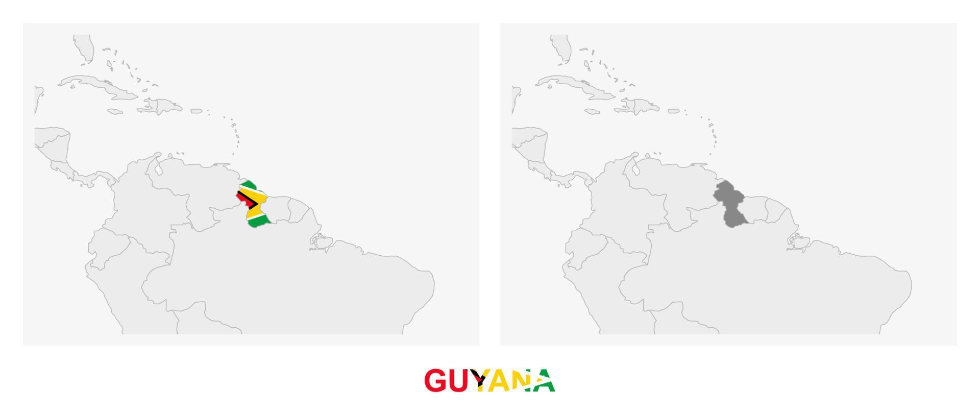 Two versions of the map of Guyana, with the flag of Guyana and highlighted in dark grey. vector