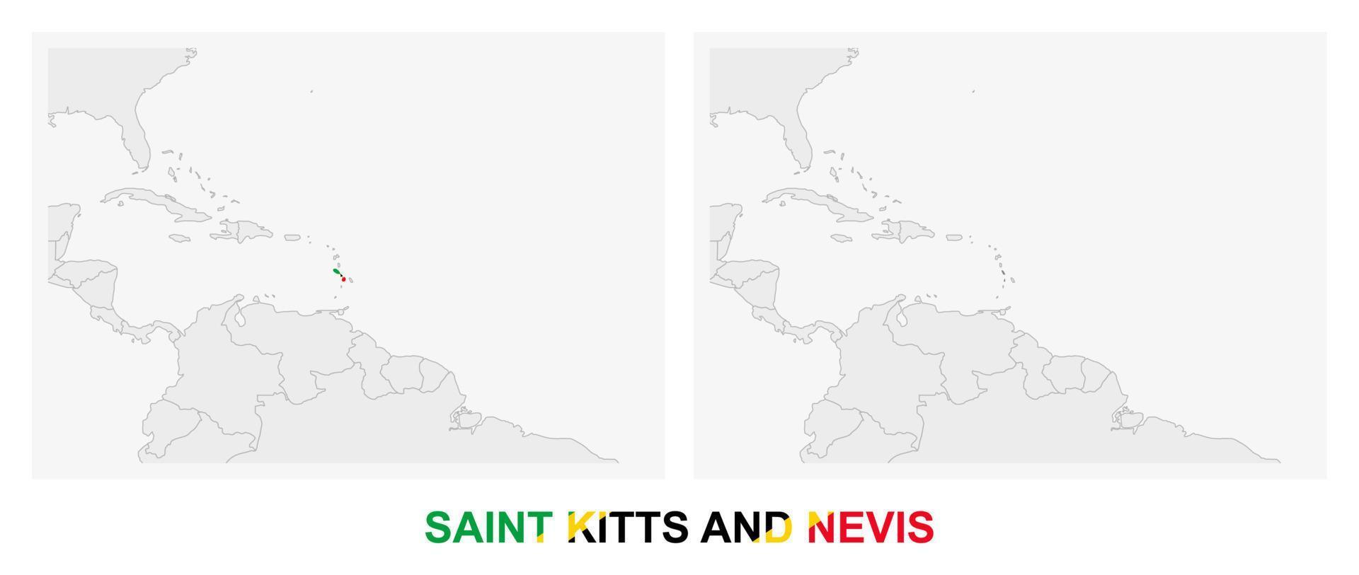 dos versiones del mapa de san cristóbal y nieves, con la bandera de san cristóbal y nieves y resaltada en gris oscuro. vector