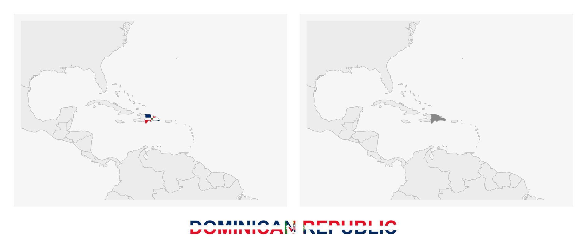 Two versions of the map of Dominican Republic, with the flag of Dominican Republic and highlighted in dark grey. vector