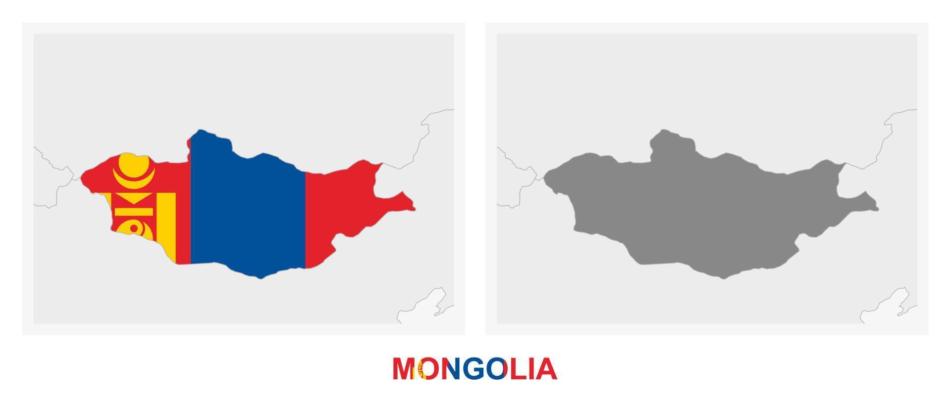 Two versions of the map of Mongolia, with the flag of Mongolia and highlighted in dark grey. vector