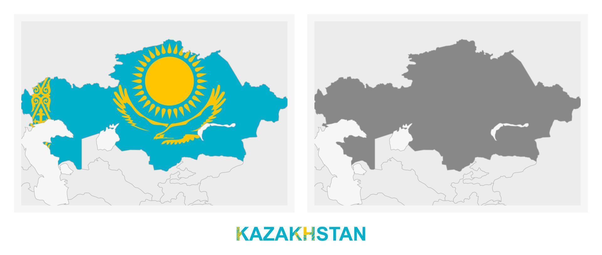 Two versions of the map of Kazakhstan, with the flag of Kazakhstan and highlighted in dark grey. vector