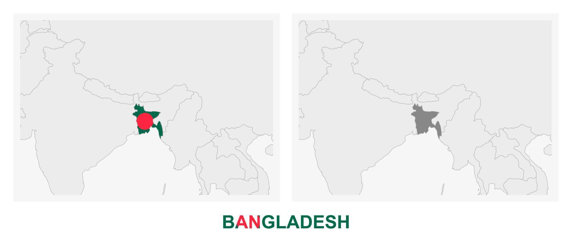 Two versions of the map of Bangladesh, with the flag of Bangladesh and highlighted in dark grey. vector