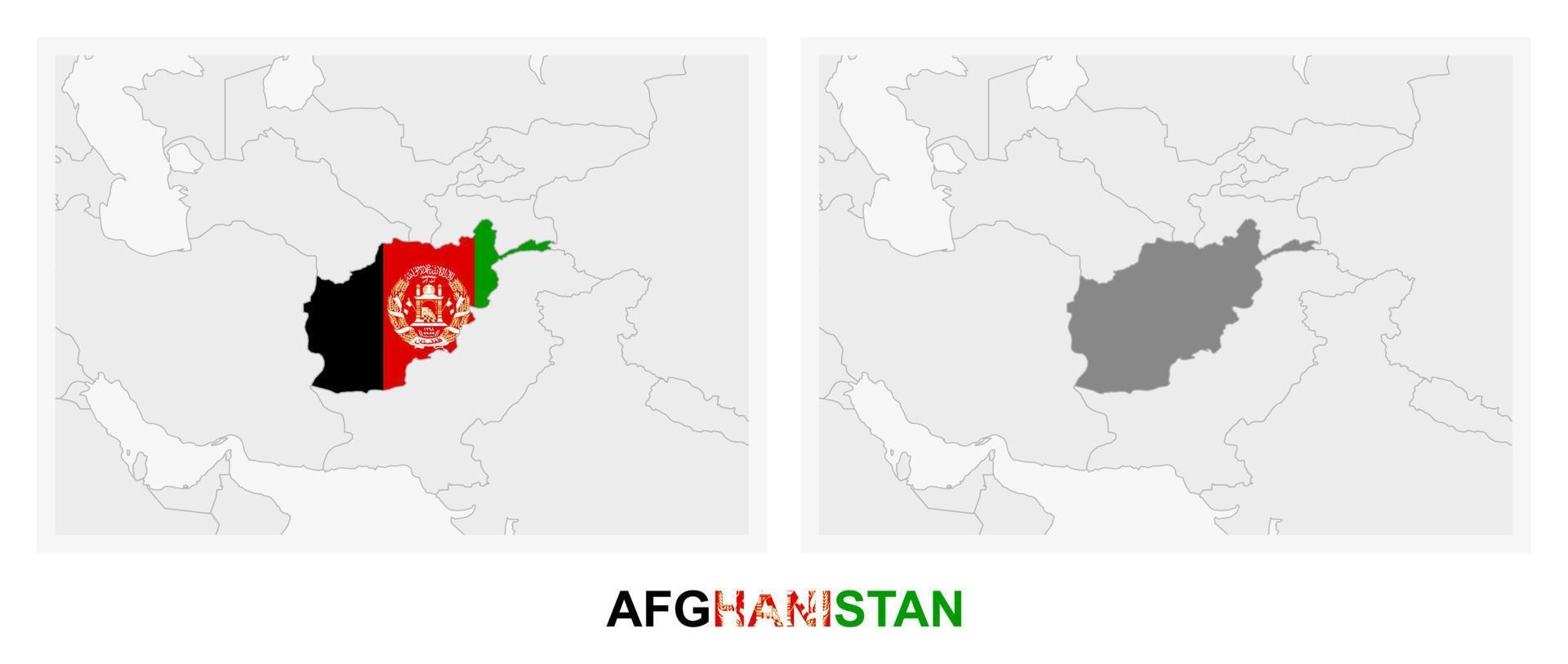 Two versions of the map of Afghanistan, with the flag of Afghanistan and highlighted in dark grey. vector