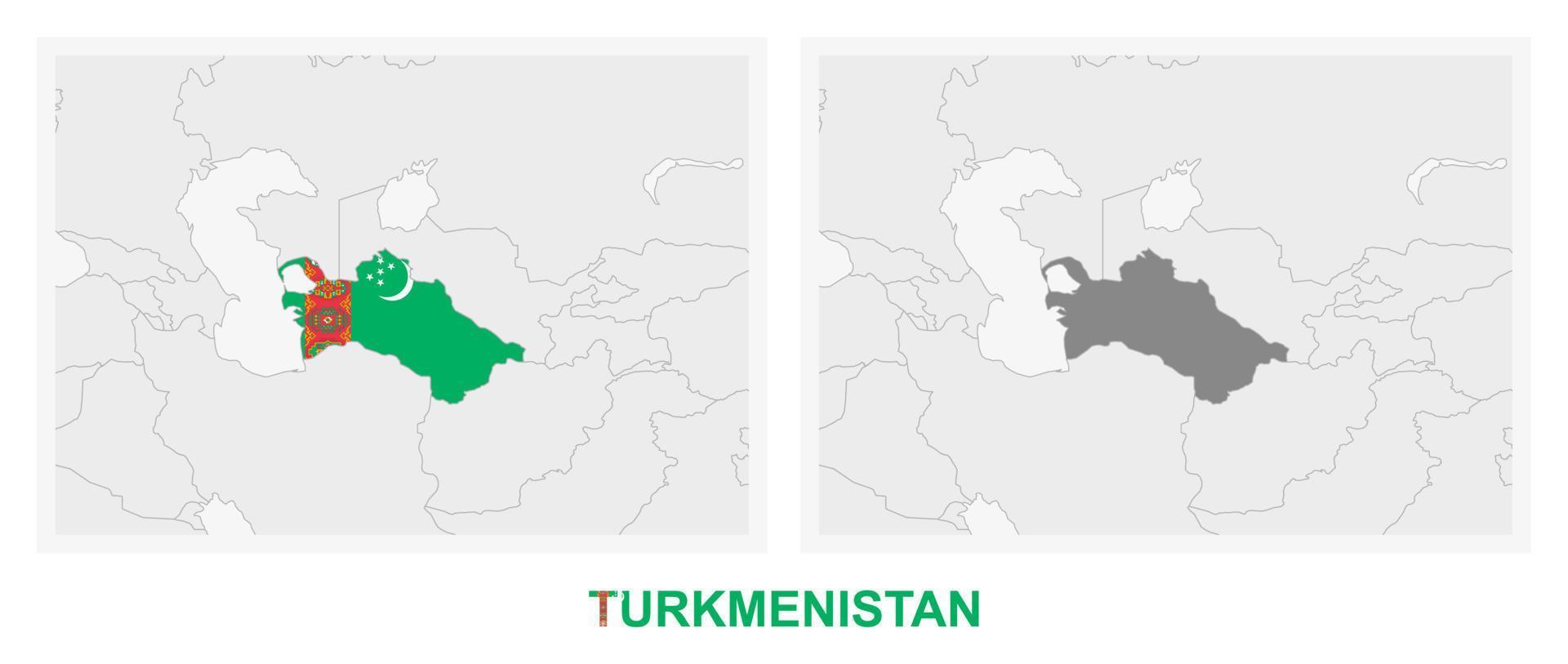 dos versiones del mapa de turkmenistán, con la bandera de turkmenistán y resaltada en gris oscuro. vector