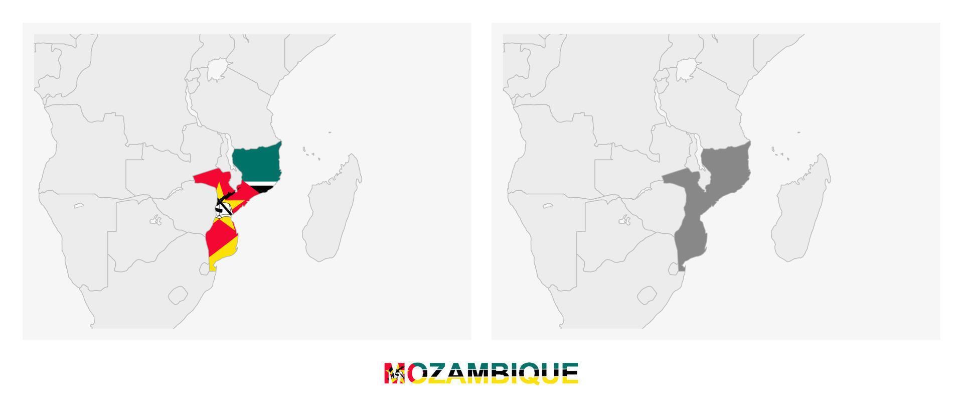 Two versions of the map of Mozambique, with the flag of Mozambique and highlighted in dark grey. vector