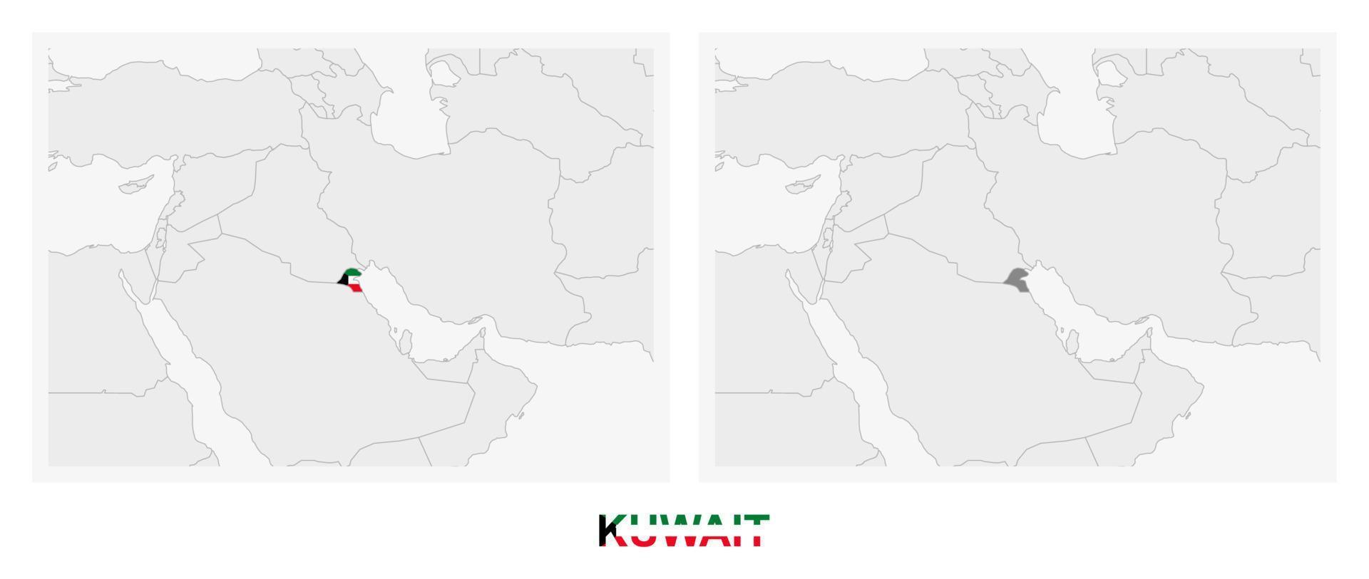 Two versions of the map of Kuwait, with the flag of Kuwait and highlighted in dark grey. vector
