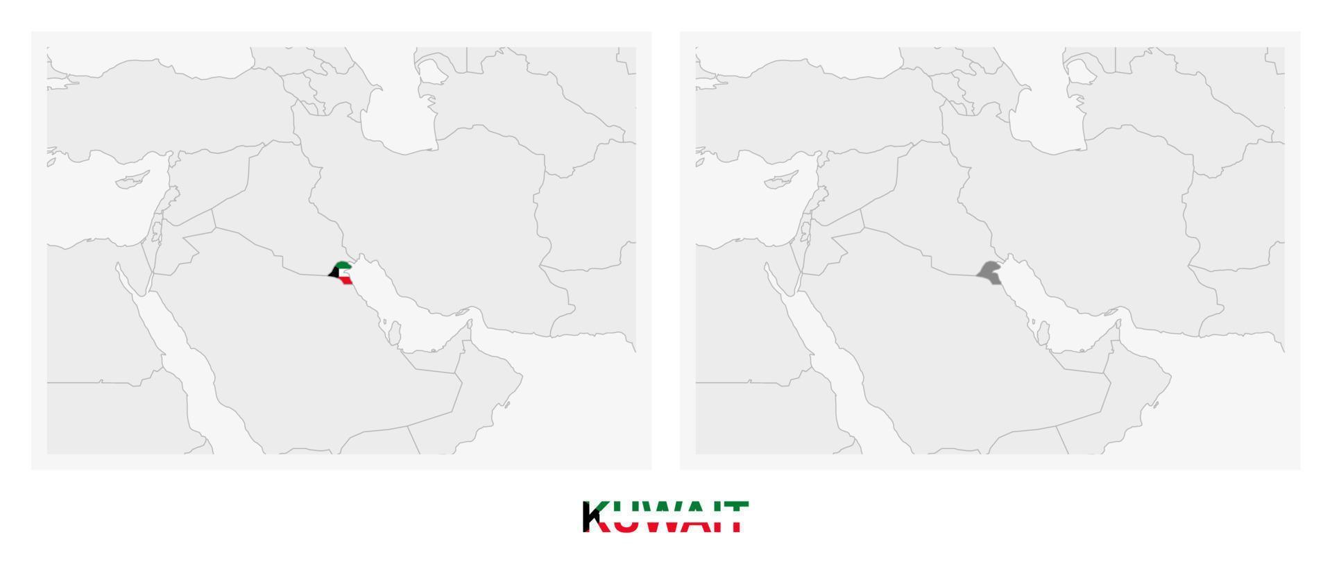 dos versiones del mapa de kuwait, con la bandera de kuwait y resaltada en gris oscuro. vector