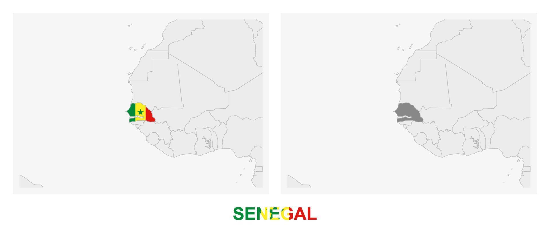 dos versiones del mapa de senegal, con la bandera de senegal y resaltada en gris oscuro. vector