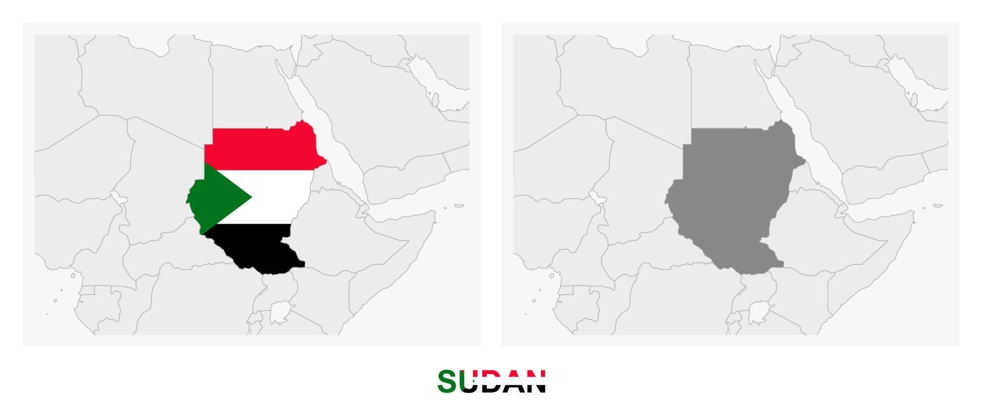 Two versions of the map of Sudan, with the flag of Sudan and highlighted in dark grey. vector
