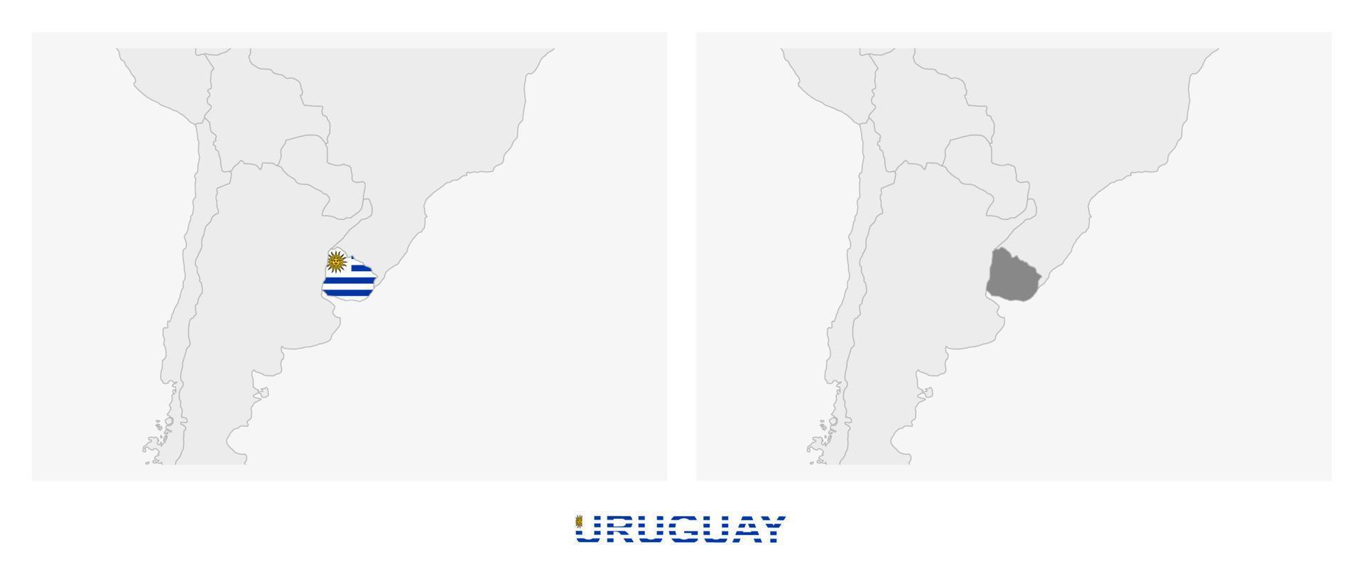 Two versions of the map of Uruguay, with the flag of Uruguay and highlighted in dark grey. vector