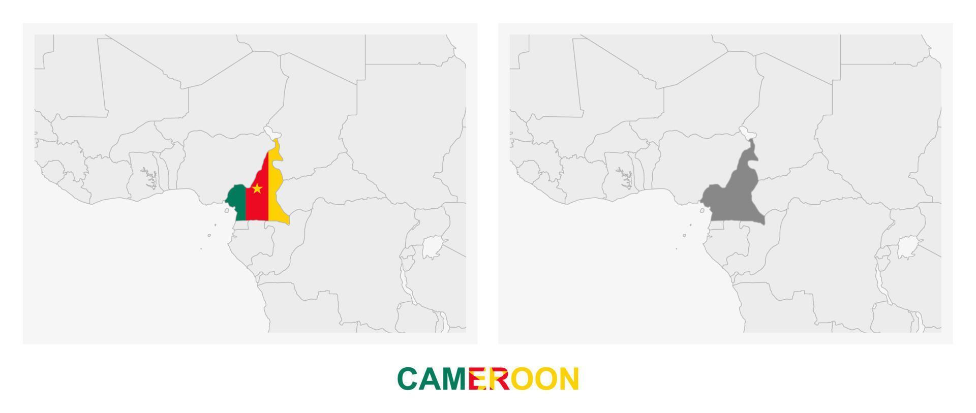 Two versions of the map of Cameroon, with the flag of Cameroon and highlighted in dark grey. vector