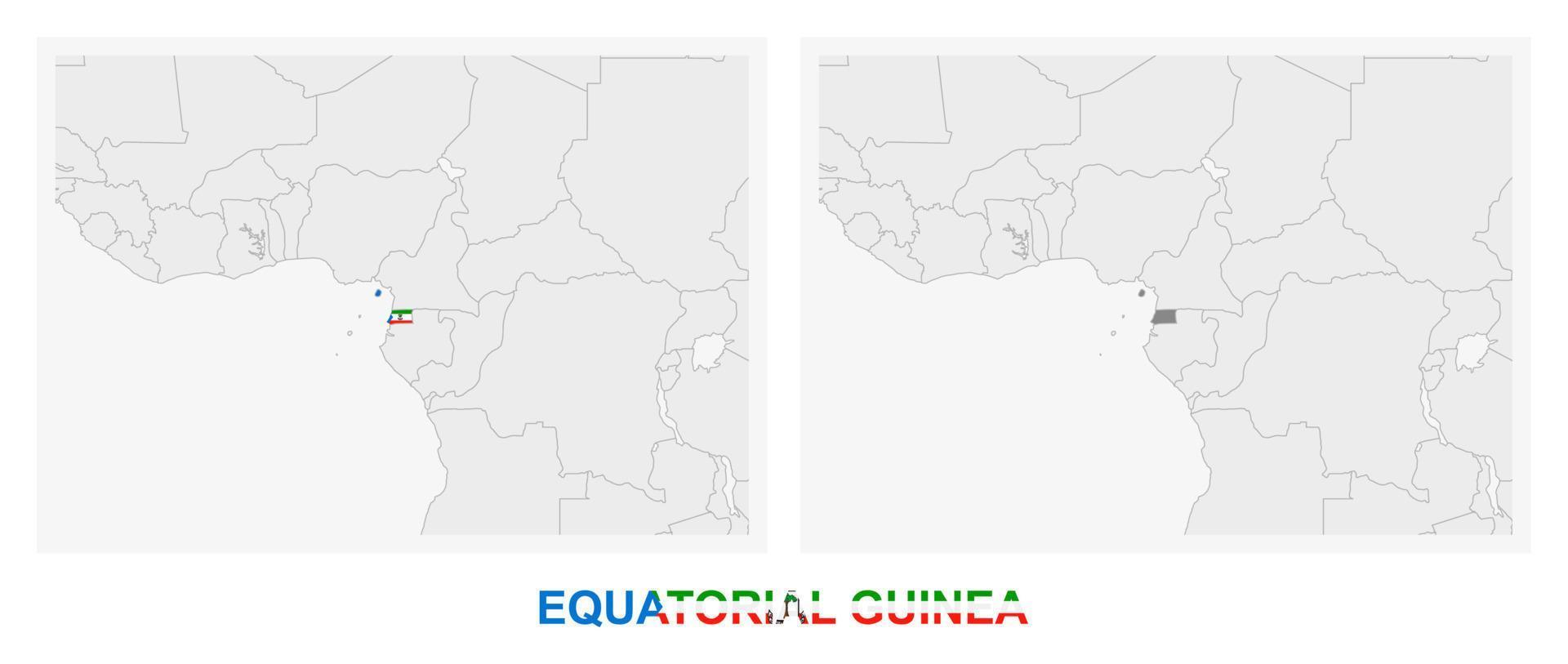 dos versiones del mapa de guinea ecuatorial, con la bandera de guinea ecuatorial y resaltada en gris oscuro. vector