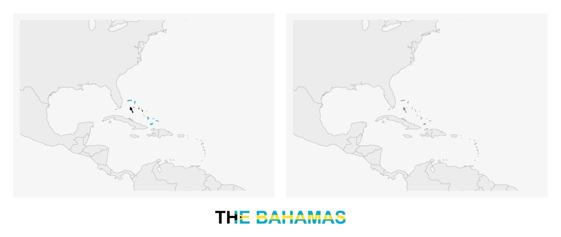 Two versions of the map of The Bahamas, with the flag of Bahamas and highlighted in dark grey. vector