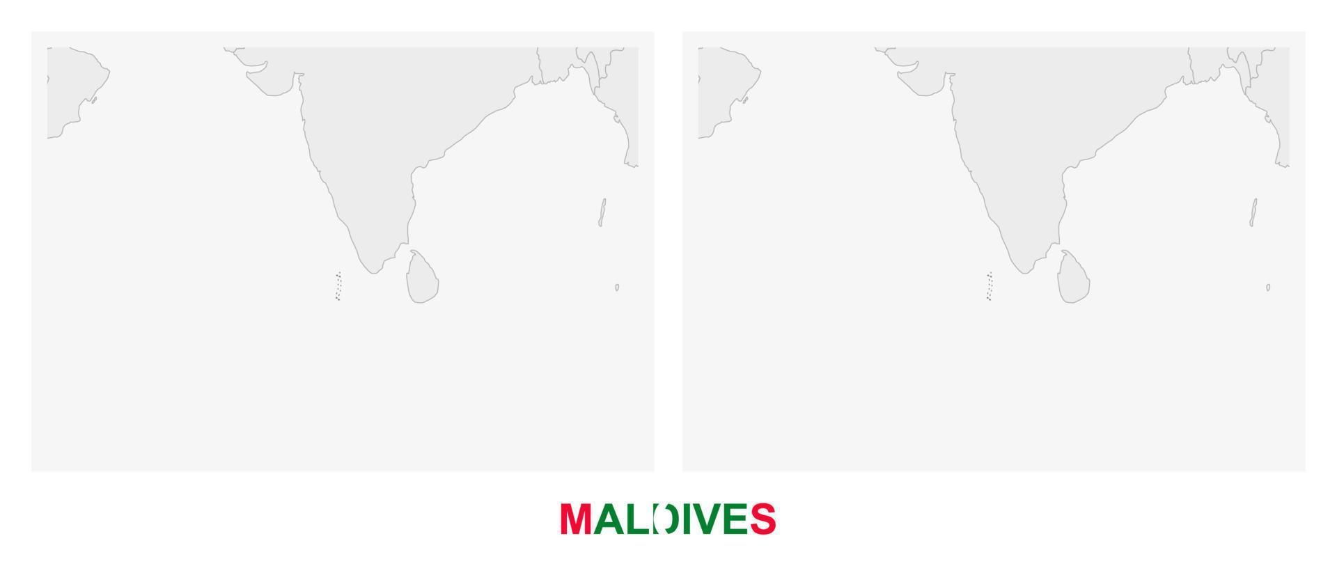 Two versions of the map of Maldives, with the flag of Maldives and highlighted in dark grey. vector