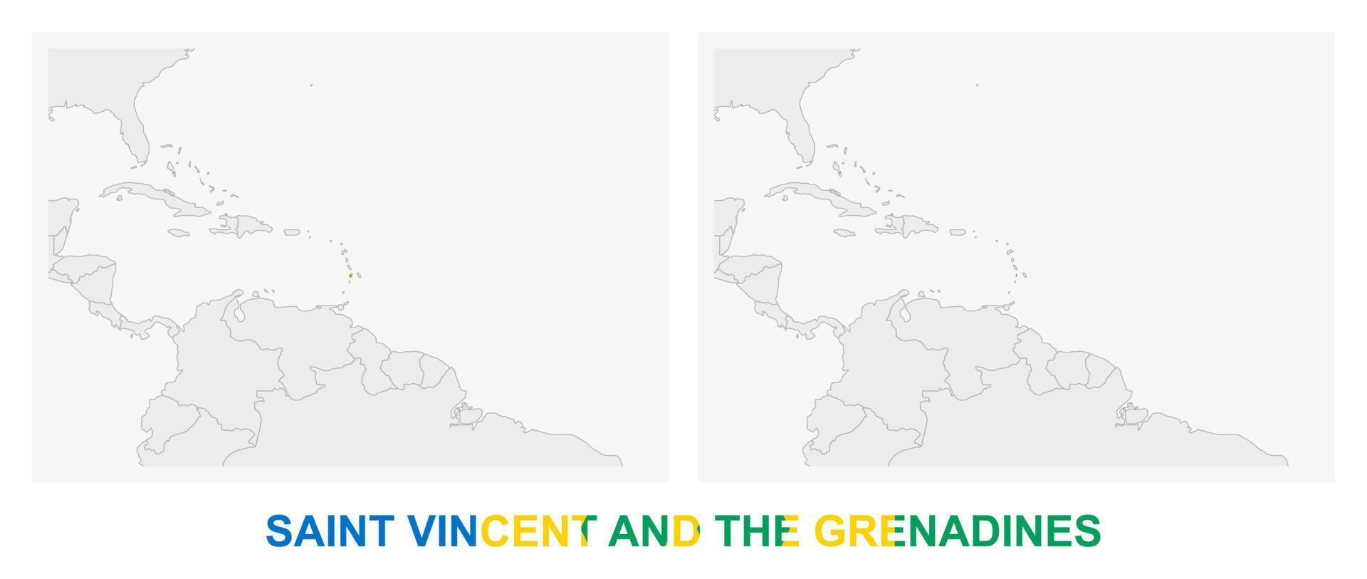 dos versiones del mapa de san vicente y las granadinas, con la bandera de san vicente y las granadinas y resaltada en gris oscuro. vector