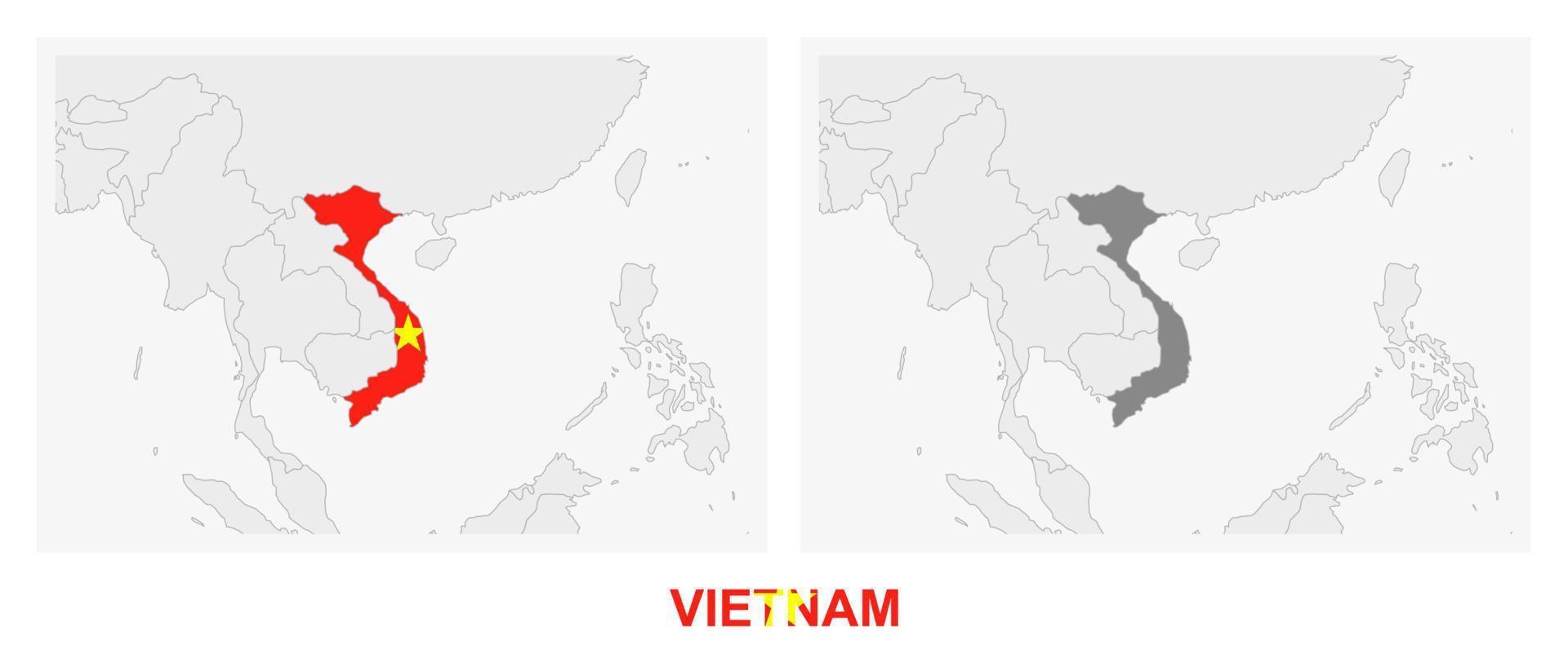 Two versions of the map of Vietnam, with the flag of Vietnam and highlighted in dark grey. vector