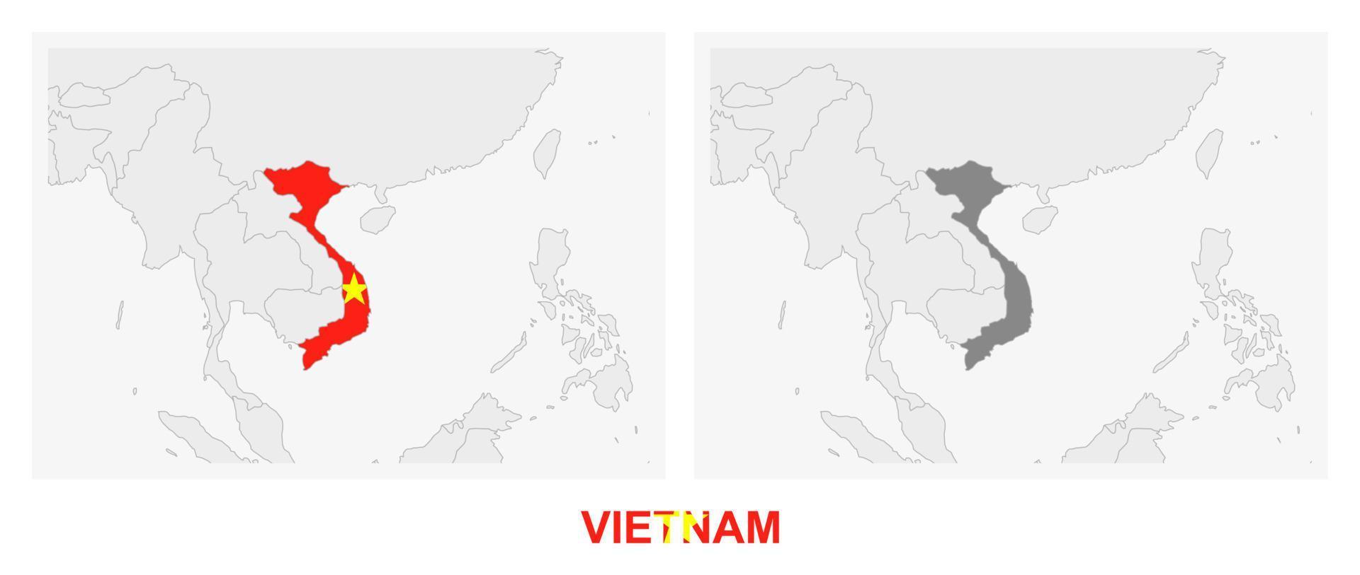 dos versiones del mapa de vietnam, con la bandera de vietnam y resaltada en gris oscuro. vector