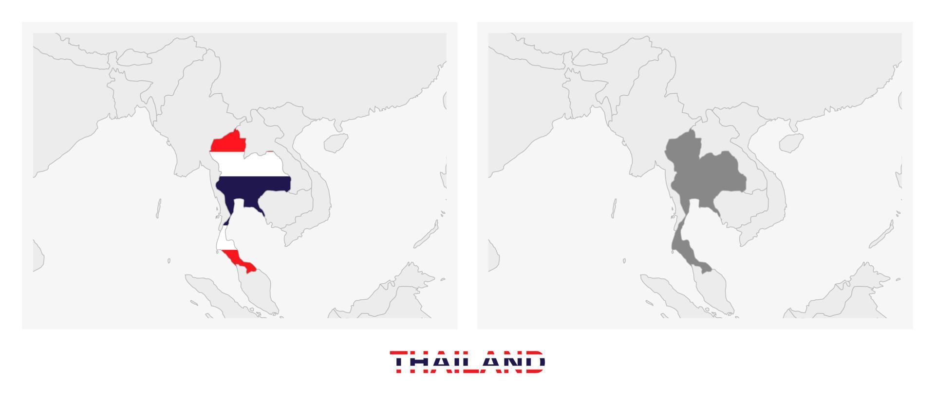 Two versions of the map of Thailand, with the flag of Thailand and highlighted in dark grey. vector