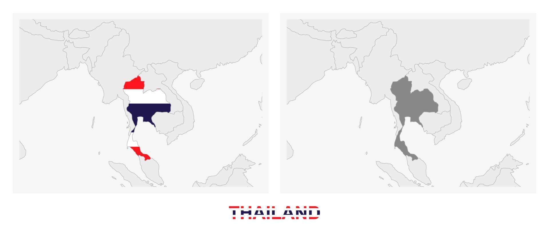 dos versiones del mapa de tailandia, con la bandera de tailandia y resaltada en gris oscuro. vector