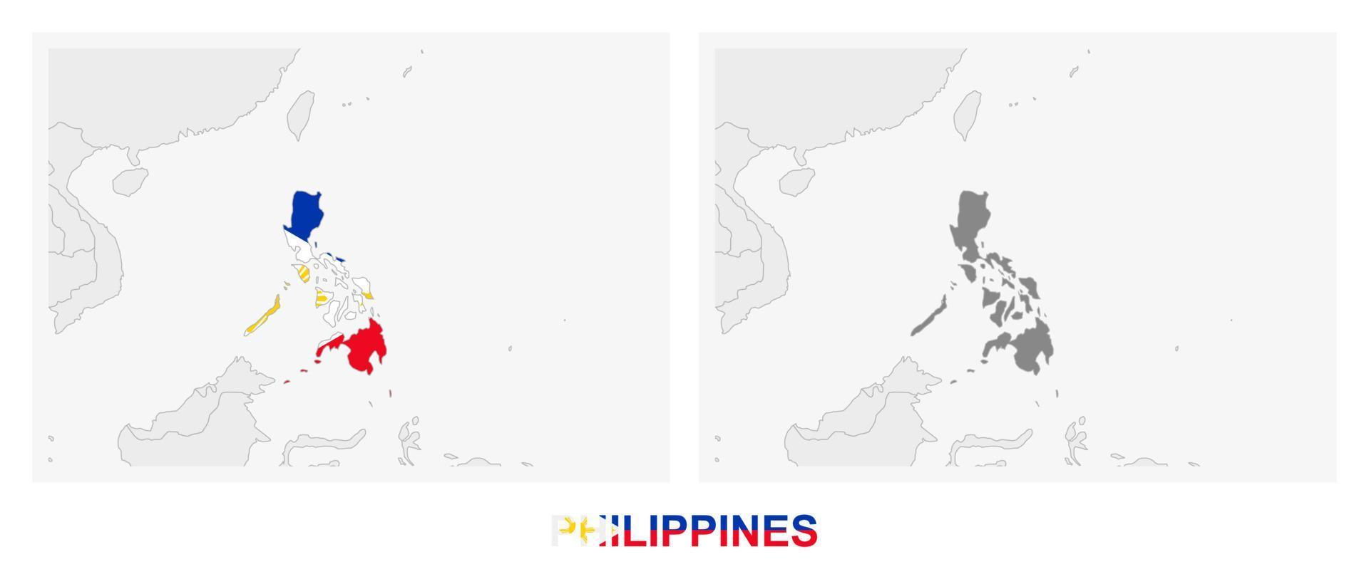 Two versions of the map of Philippines, with the flag of Philippines and highlighted in dark grey. vector
