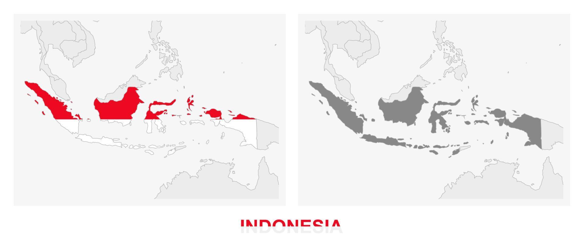 Two versions of the map of Indonesia, with the flag of Indonesia and highlighted in dark grey. vector