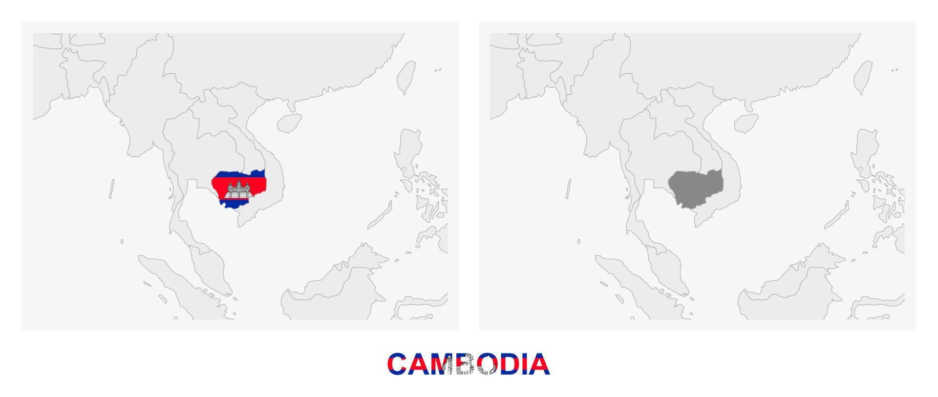 Two versions of the map of Cambodia, with the flag of Cambodia and highlighted in dark grey. vector