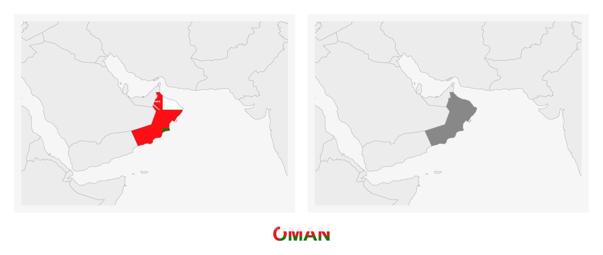 dos versiones del mapa de omán, con la bandera de omán y resaltada en gris oscuro. vector