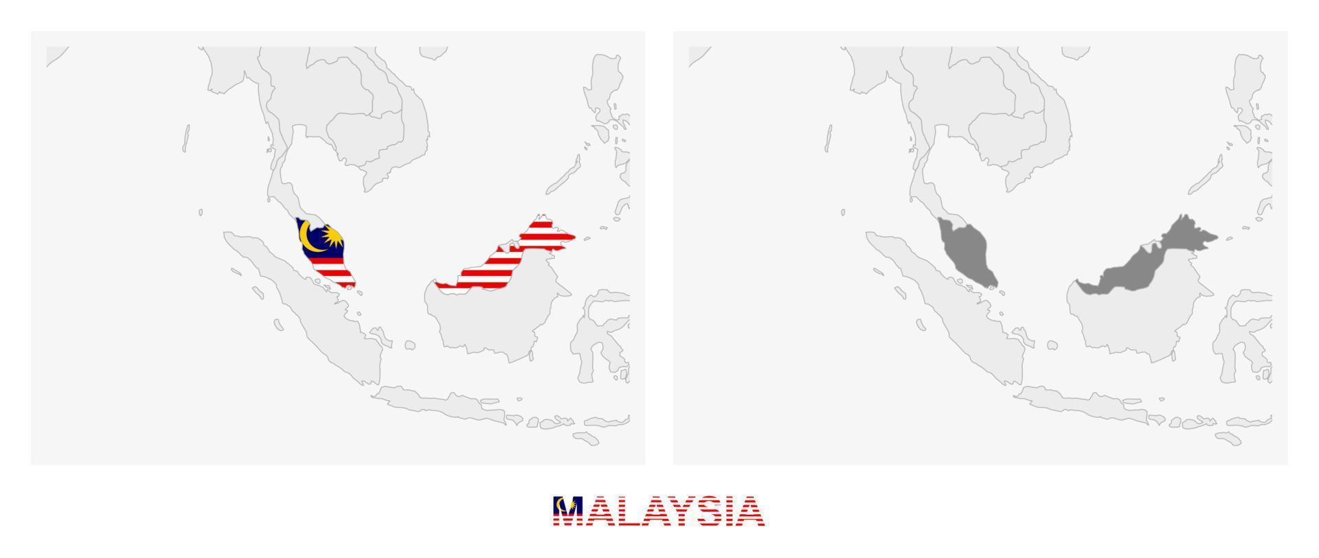 dos versiones del mapa de malasia, con la bandera de malasia y resaltada en gris oscuro. vector