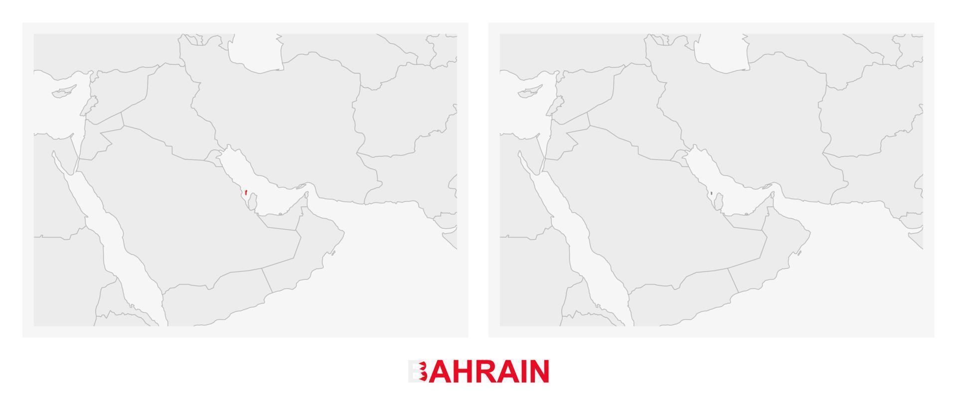 Two versions of the map of Bahrain, with the flag of Bahrain and highlighted in dark grey. vector