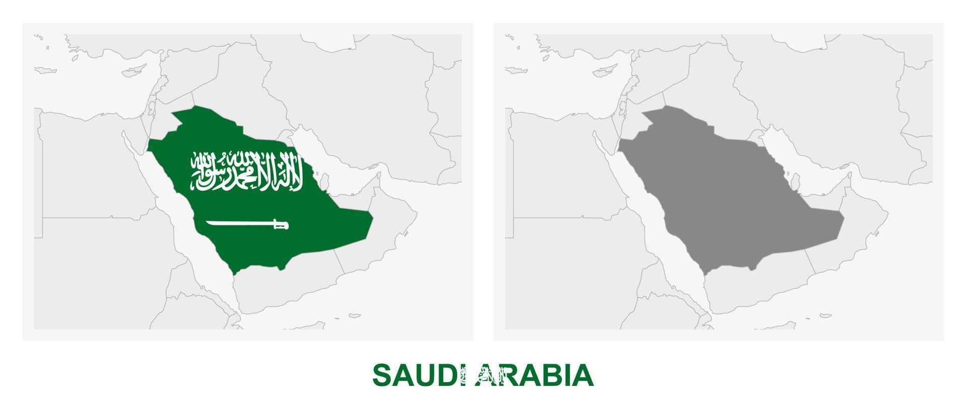 dos versiones del mapa de arabia saudita, con la bandera de arabia saudita y resaltada en gris oscuro. vector