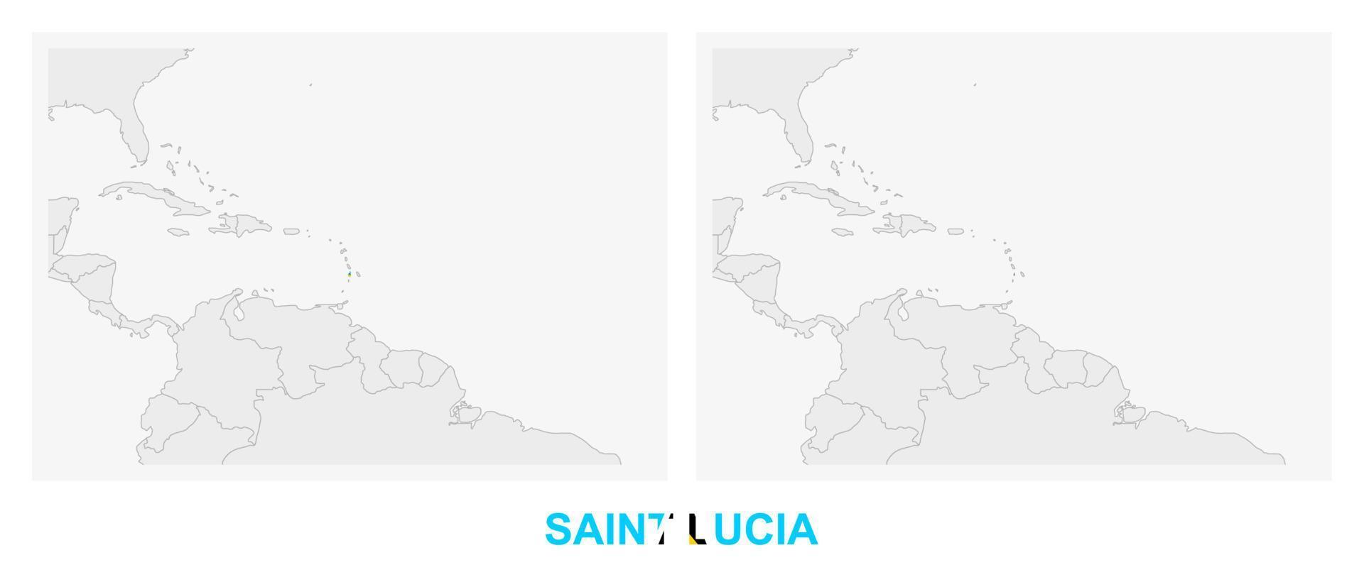 Two versions of the map of Saint Lucia, with the flag of Saint Lucia and highlighted in dark grey. vector