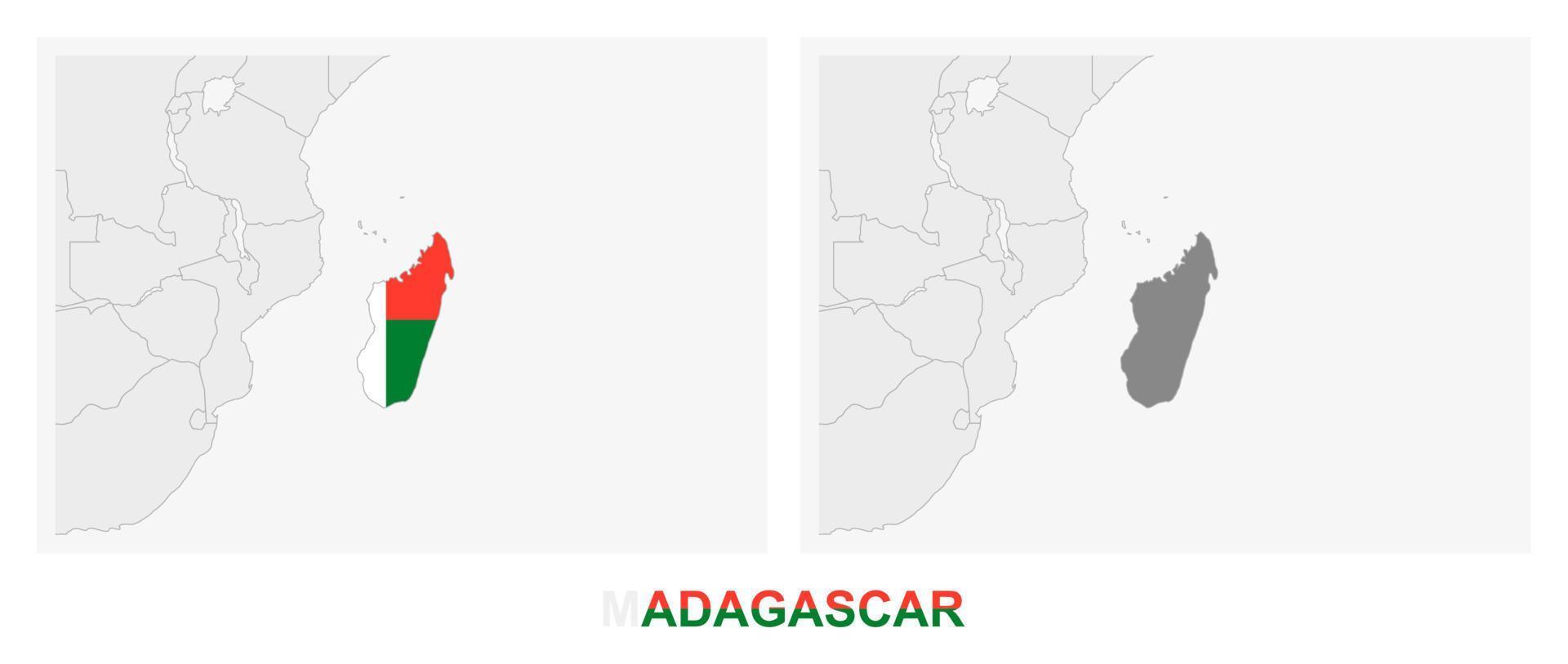 Two versions of the map of Madagascar, with the flag of Madagascar and highlighted in dark grey. vector