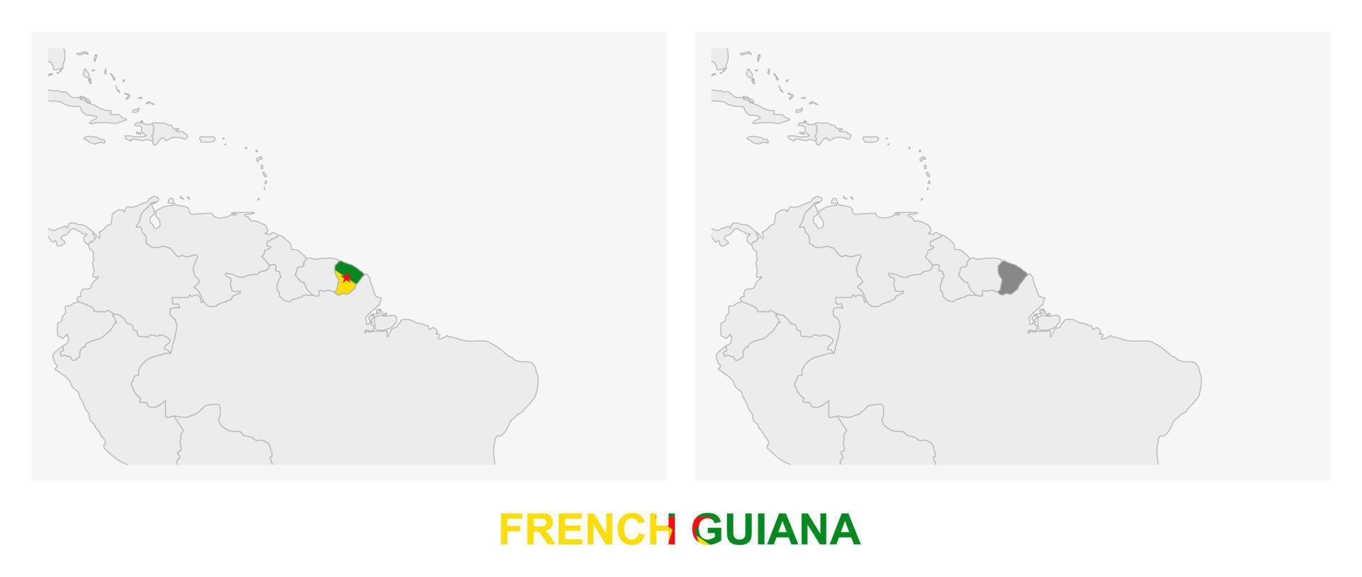 Two versions of the map of French Guiana, with the flag of French Guiana and highlighted in dark grey. vector