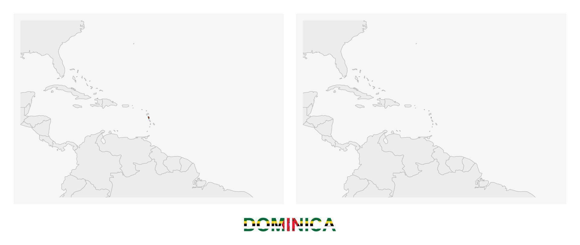 Two versions of the map of Dominica, with the flag of Dominica and highlighted in dark grey. vector