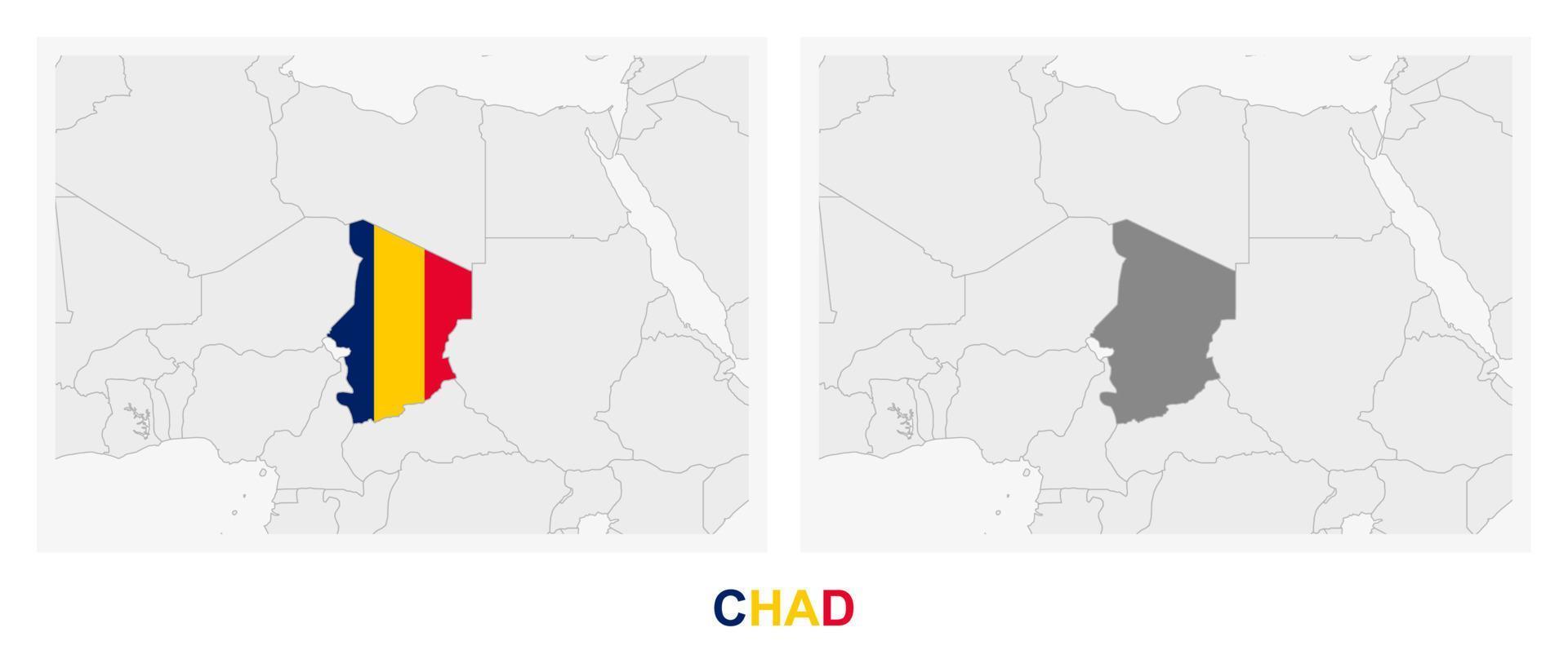 Two versions of the map of Chad, with the flag of Chad and highlighted in dark grey. vector