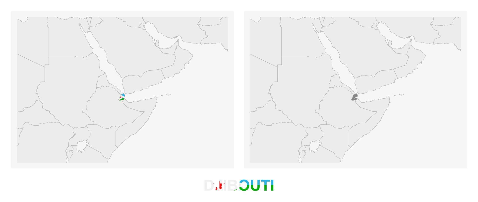 Two versions of the map of Djibouti, with the flag of Djibouti and highlighted in dark grey. vector