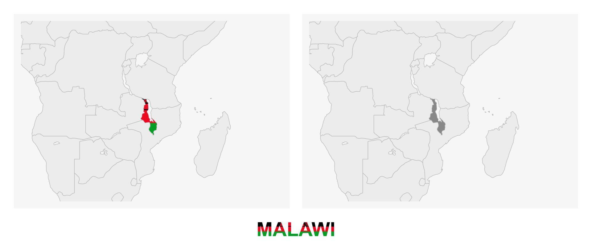 Two versions of the map of Malawi, with the flag of Malawi and highlighted in dark grey. vector