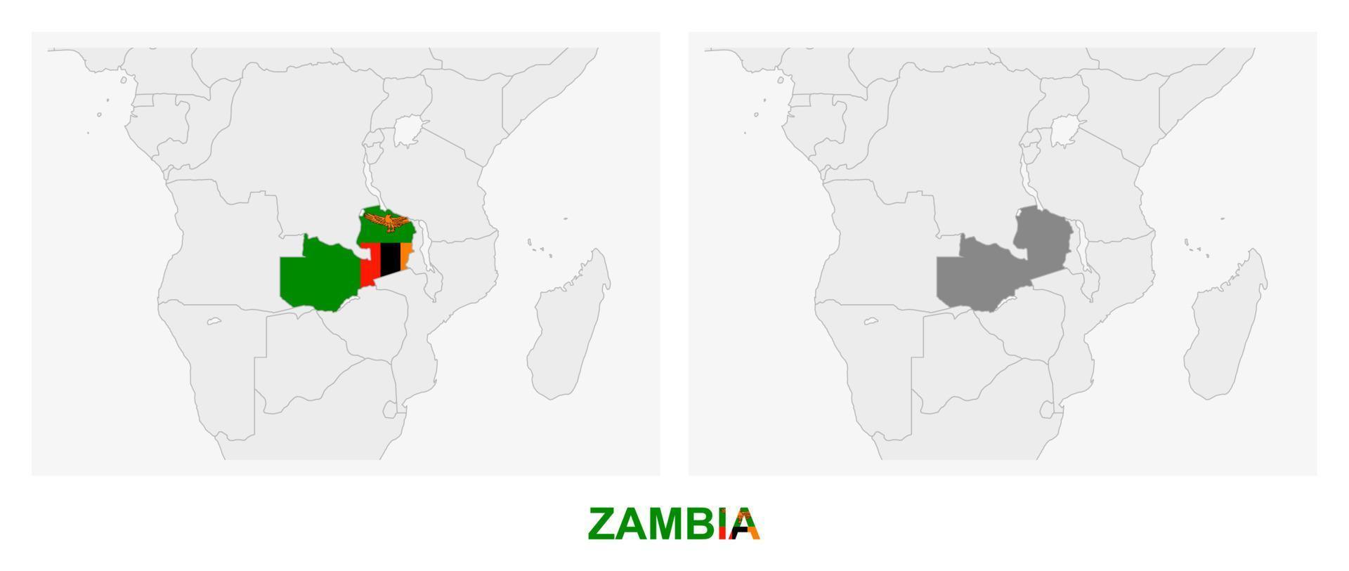 Two versions of the map of Zambia, with the flag of Zambia and highlighted in dark grey. vector