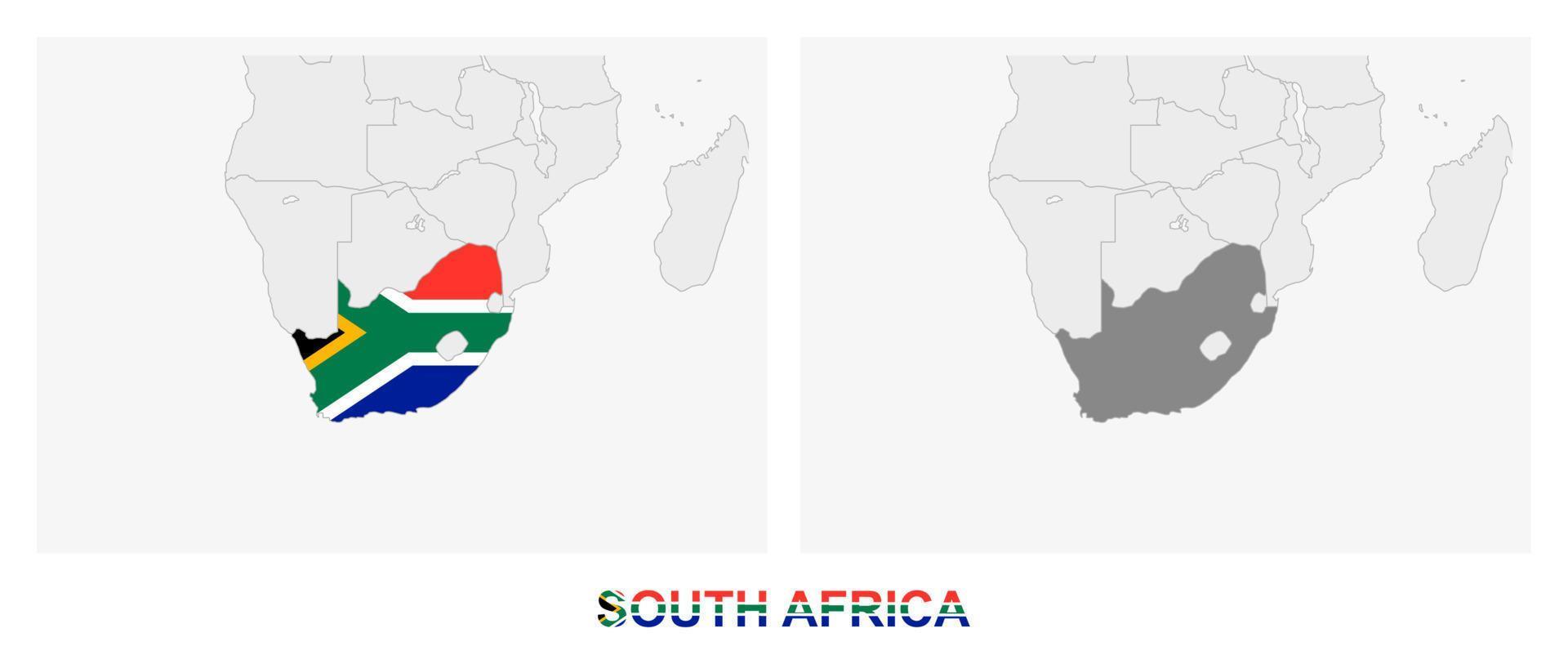 Two versions of the map of South Africa, with the flag of South Africa and highlighted in dark grey. vector