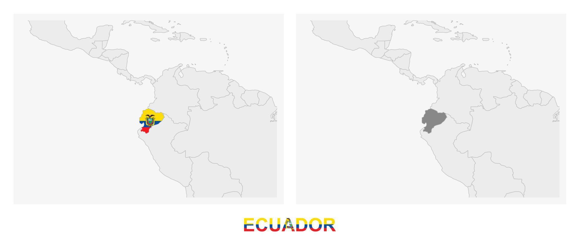 Two versions of the map of Ecuador, with the flag of Ecuador and highlighted in dark grey. vector