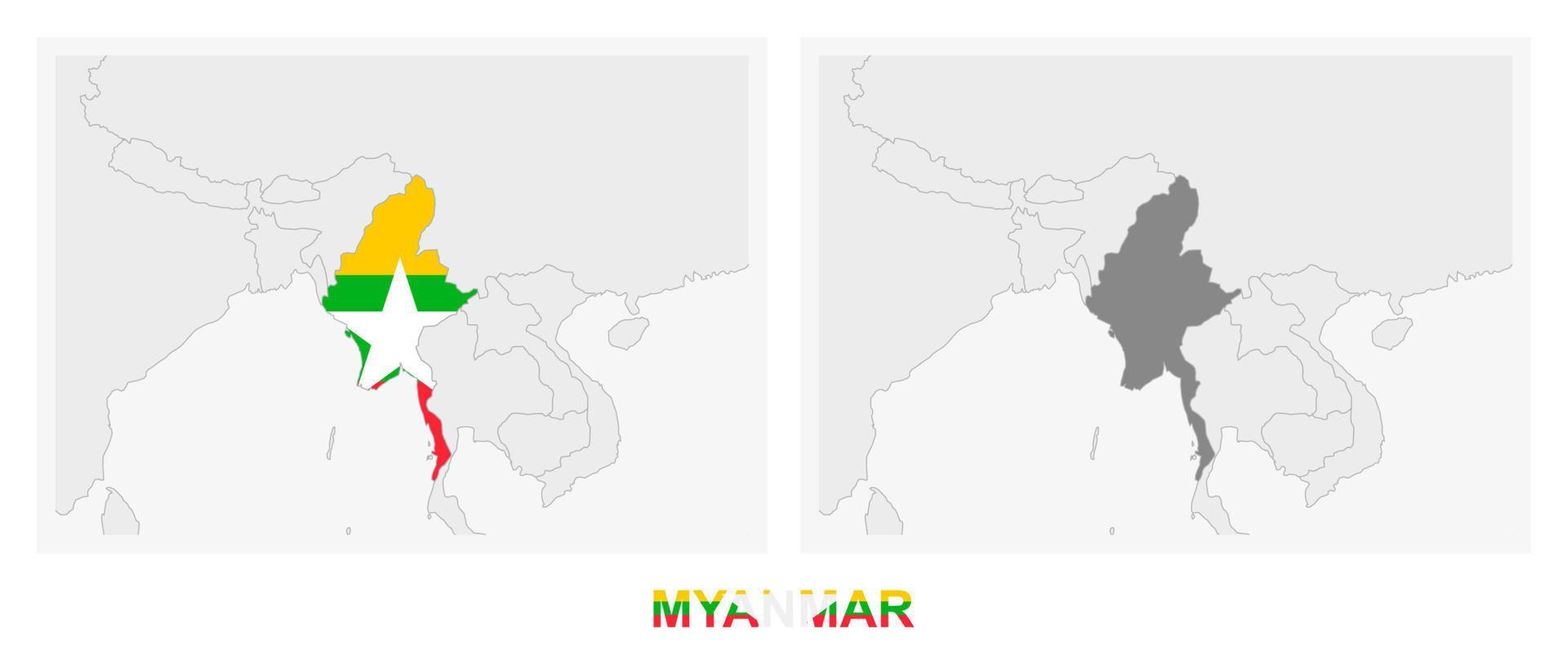 Two versions of the map of Myanmar, with the flag of Myanmar and highlighted in dark grey. vector