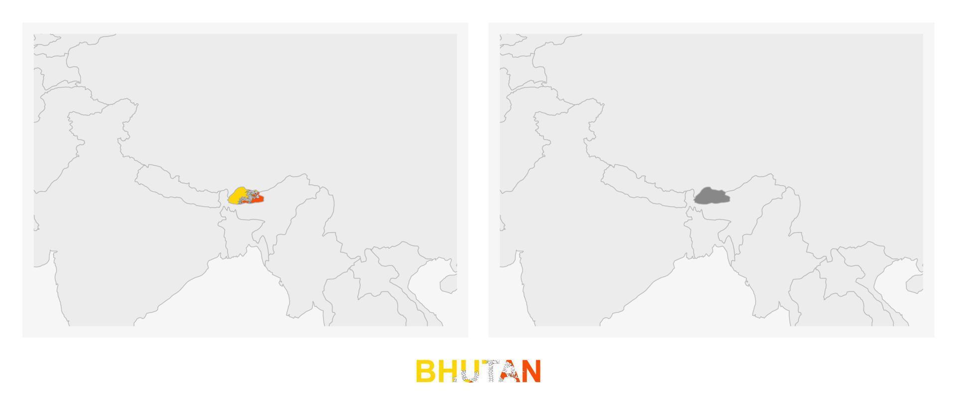 Two versions of the map of Bhutan, with the flag of Bhutan and highlighted in dark grey. vector