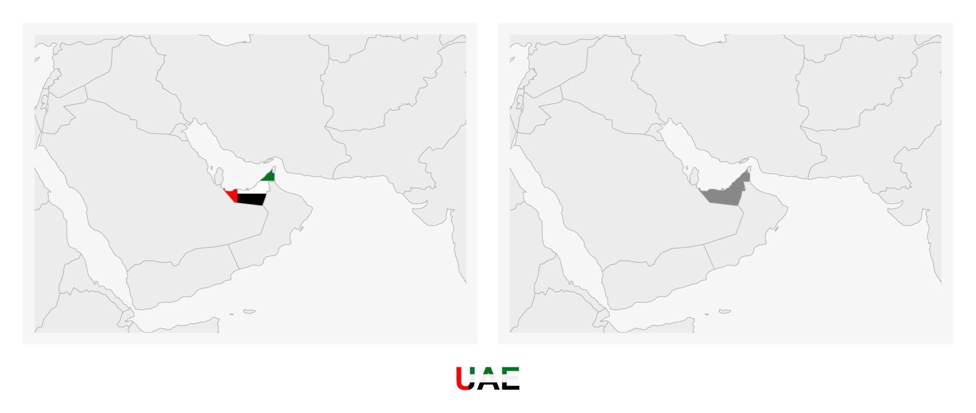 Two versions of the map of United Arab Emirates, with the flag of UAE and highlighted in dark grey. vector