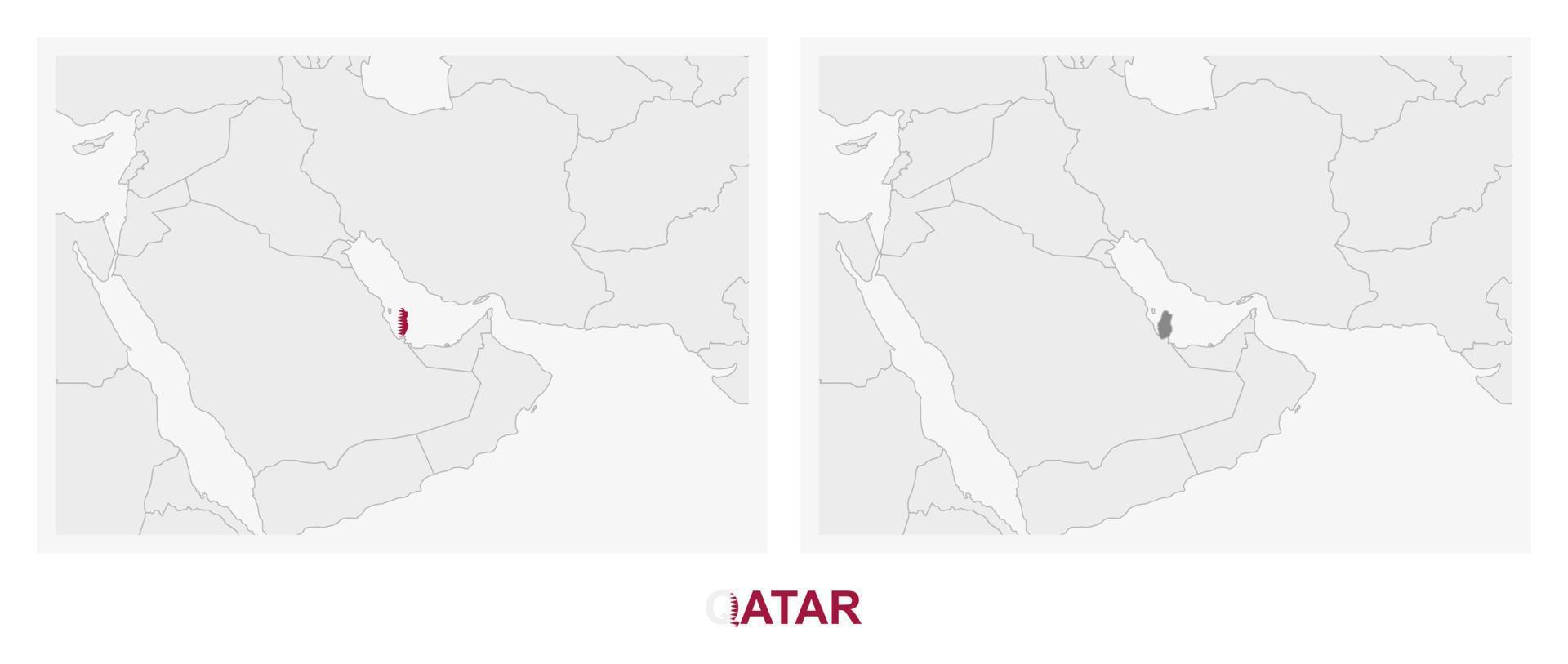 Two versions of the map of Qatar, with the flag of Qatar and highlighted in dark grey. vector