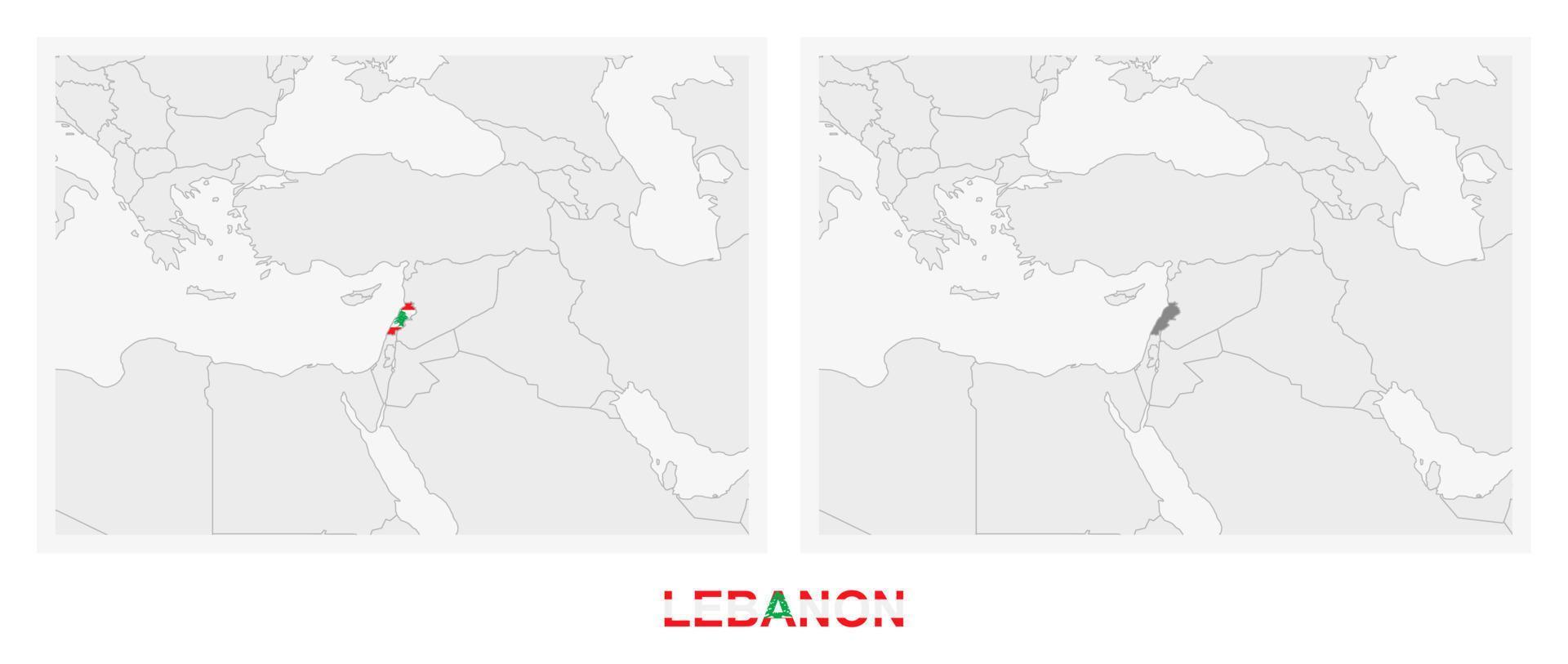 dos versiones del mapa de líbano, con la bandera de líbano y resaltada en gris oscuro. vector