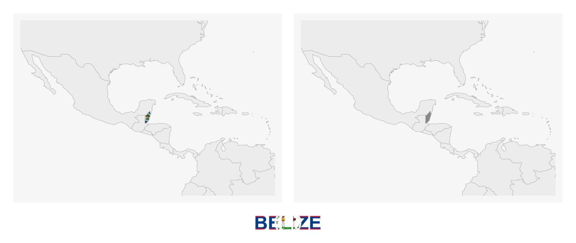 Two versions of the map of Belize, with the flag of Belize and highlighted in dark grey. vector